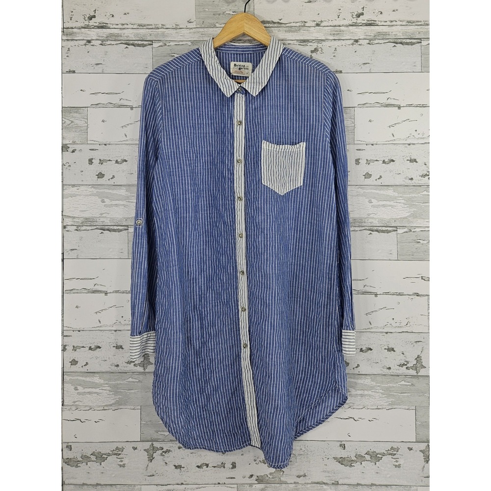 Holding Horses Button Down Striped Shirt Dress Wrinkle Cotton Womens Medium
